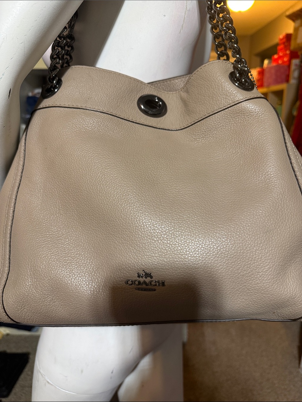 Coach Turnlock Edie 36855 Taupe Pebbled Leather Shoulder Bag Chain Tote